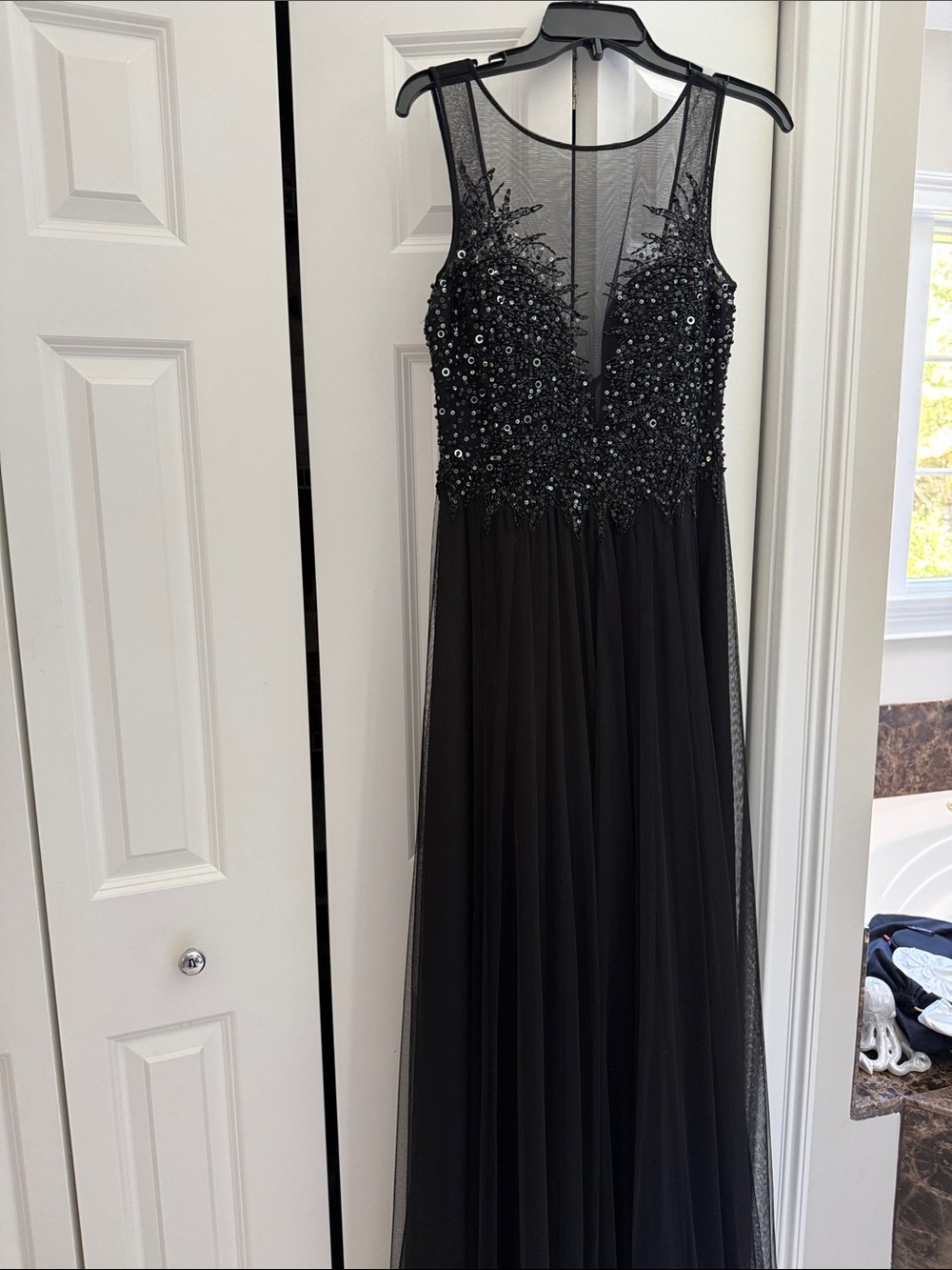 Elegant Black Beaded Mesh formal gown .